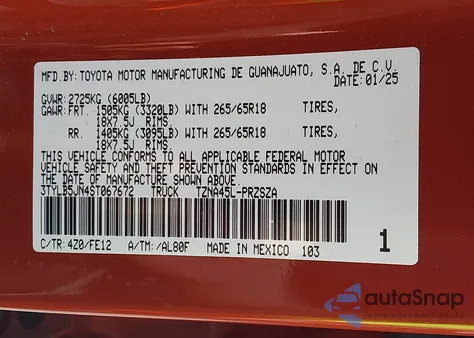 2025 Toyota Tacoma Trd Sport from USA, damaged, VIN 3TYLB5JN4ST067672